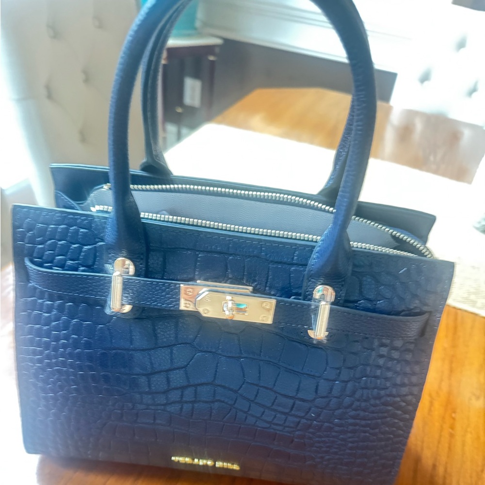 Verano Hill Navy Blue Leather Crocodile-Embossed Handbag Retail $165
